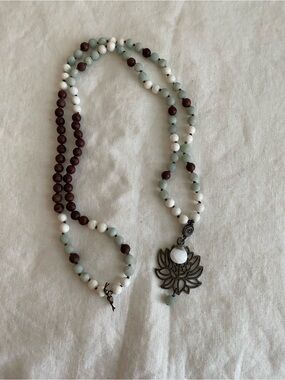 Amazonite and wooden bead hand knitted Mala necklace